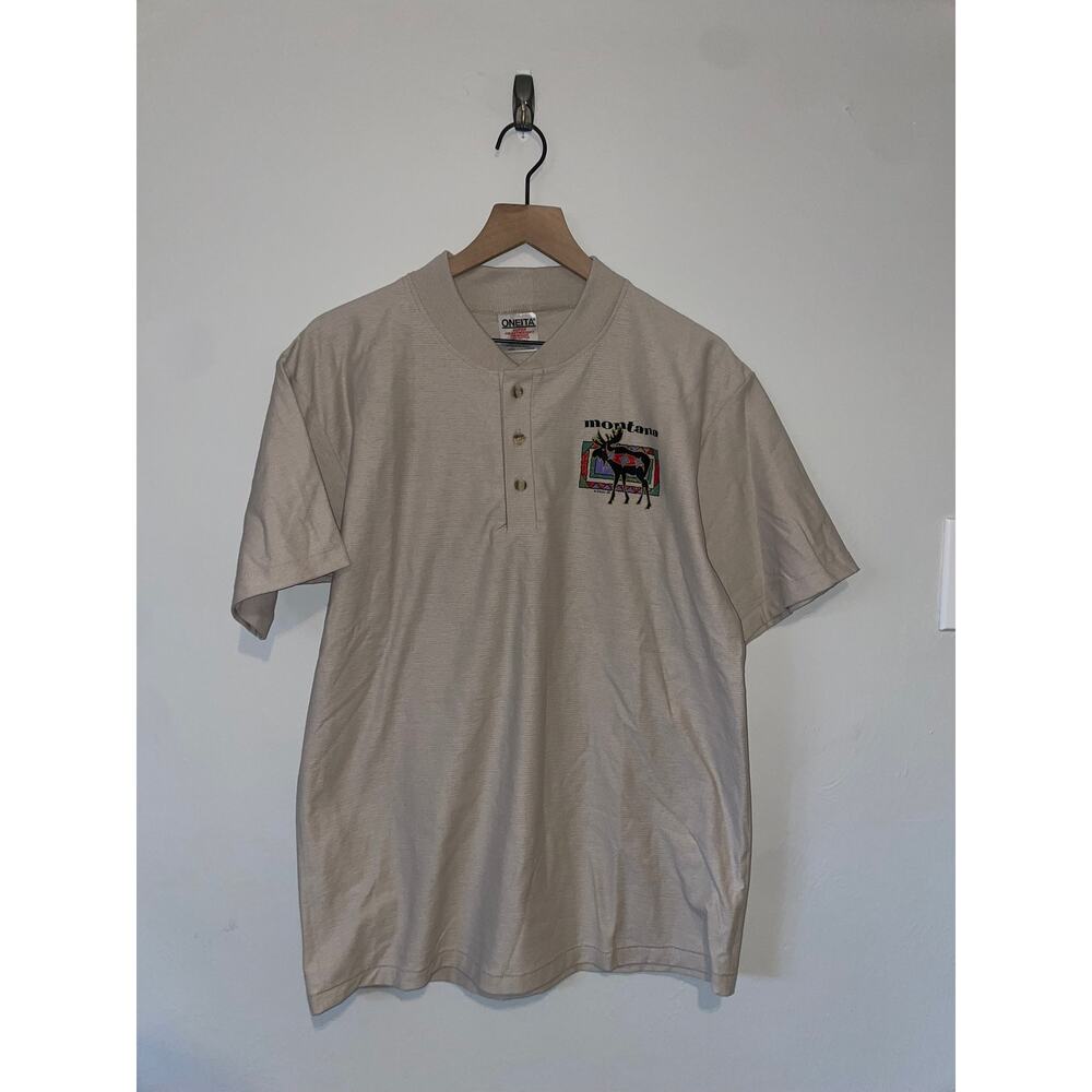 Vintage Montana Brown Shirt 1/4 Button Moose Animal Graphic Tee VTG 90s Large